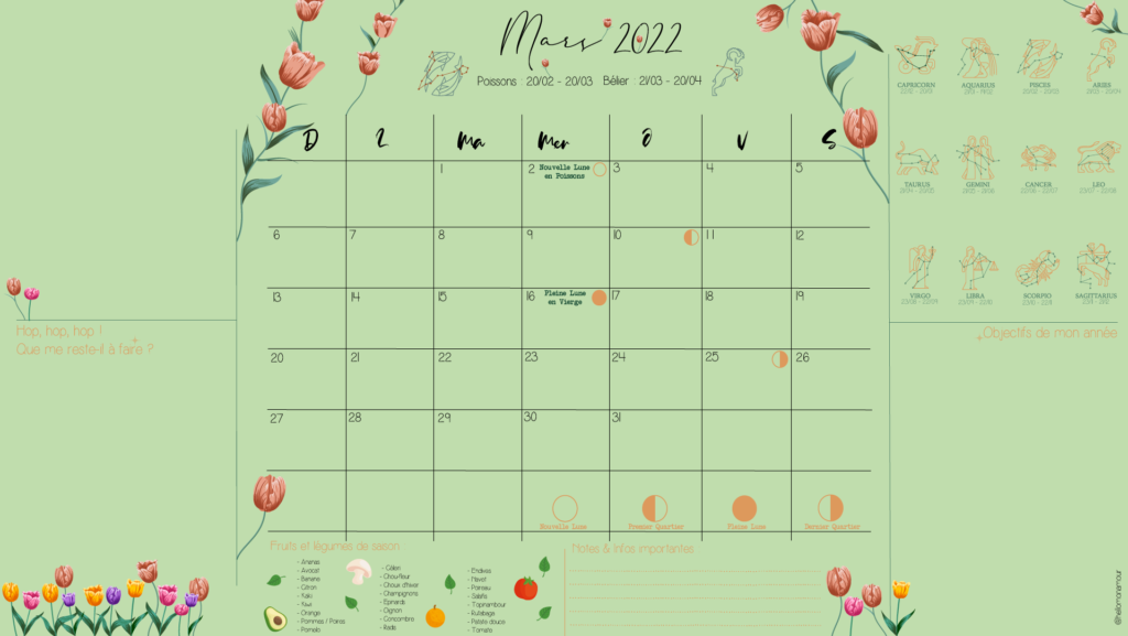 Calendrier MARS 2022 - format ORDI