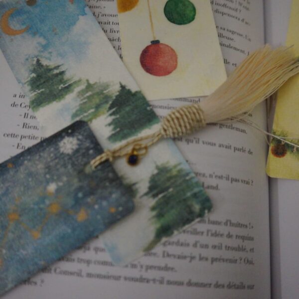 Marque page Marque-page Bookmark Noël Christmas Winter Hiver 2023 Aquarelle Aquarell Aquarela Handmade Paint Painting Sapin Houx Gui Orange Pop corn Constellation Mystique Décoration Booklover Marque pages Livre Lecture Hello mon Amour hellomonamour