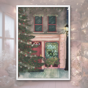 Winter by the fireplace L'hiver au coin du feu illustration print poster affiche decoration christmas noel sapin tree present english england scottish ireland irish architecture devanture christmas tree cadeaux famille family cosy cozy hellomonamour hello mon amour digital art 