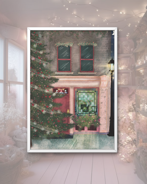 Winter by the fireplace L'hiver au coin du feu illustration print poster affiche decoration christmas noel sapin tree present english england scottish ireland irish architecture devanture christmas tree cadeaux famille family cosy cozy hellomonamour hello mon amour digital art