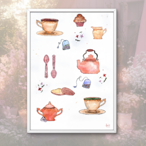 Teatime aquarelle Tea time pastries pastry pâtisserie thé tisane café coffee matcha café pause affiche poster décoration deco decoration print illustration aquarela watercolor waterpaint paint painting tea cup sugar madeleine 