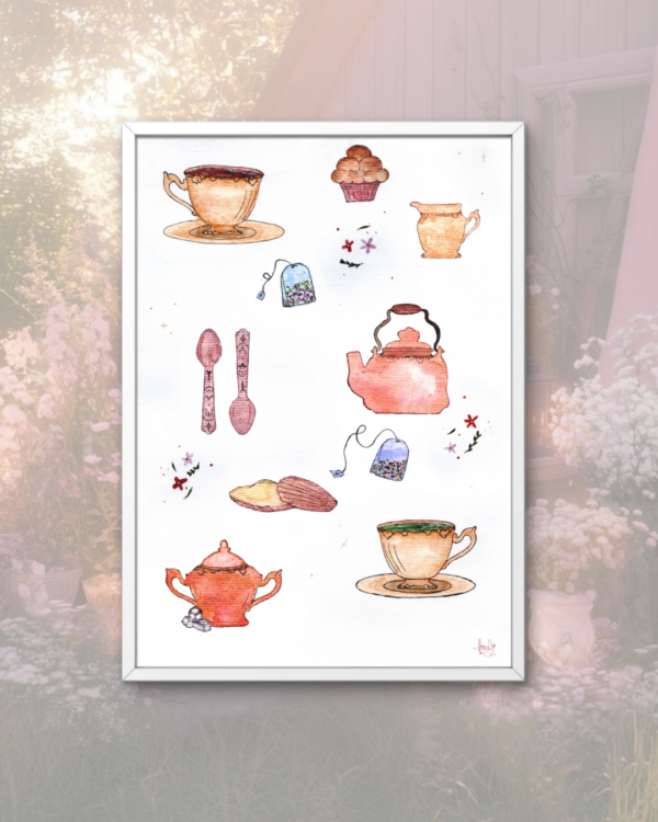 Teatime aquarelle Tea time pastries pastry pâtisserie thé tisane café coffee matcha café pause affiche poster décoration deco decoration print illustration aquarela watercolor waterpaint paint painting tea cup sugar madeleine