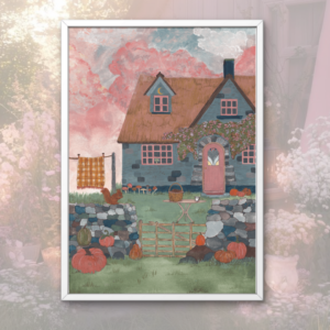 Autumn cottage witch illustration gouache traditionnel cottagecore aesthetic witchy witches english countryside country automne fall pumpkin citrouille pumpkins patch squirell plaid cosy cozy pink rose celtic irish scottish england house home mushroom hellomonamour hello mon amour paint painting 