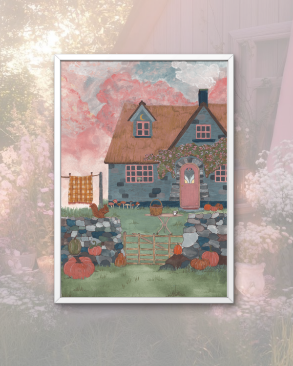 Autumn cottage witch illustration gouache traditionnel cottagecore aesthetic witchy witches english countryside country automne fall pumpkin citrouille pumpkins patch squirell plaid cosy cozy pink rose celtic irish scottish england house home mushroom hellomonamour hello mon amour paint painting