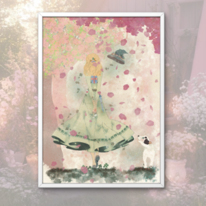 My fantasy world illustration monde fantastique sorcière celtique saint patrick dog lover chien cute puppy witch hat quest shojo cerisier sakura cherry blossom fleurs green celtic dress potion healer fantastic dreamy print digital art artist arty 