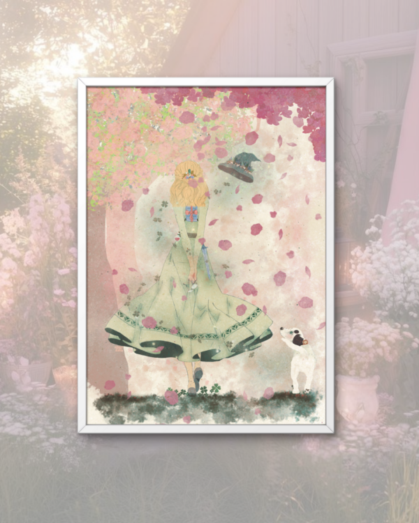 My fantasy world illustration monde fantastique sorcière celtique saint patrick dog lover chien cute puppy witch hat quest shojo cerisier sakura cherry blossom fleurs green celtic dress potion healer fantastic dreamy print digital art artist arty