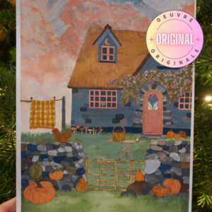 Autumn cottage witch illustration gouache traditionnel cottagecore aesthetic witchy witches english countryside country automne fall pumpkin citrouille pumpkins patch squirell plaid cosy cozy pink rose celtic irish scottish england house home mushroom hellomonamour hello mon amour paint painting