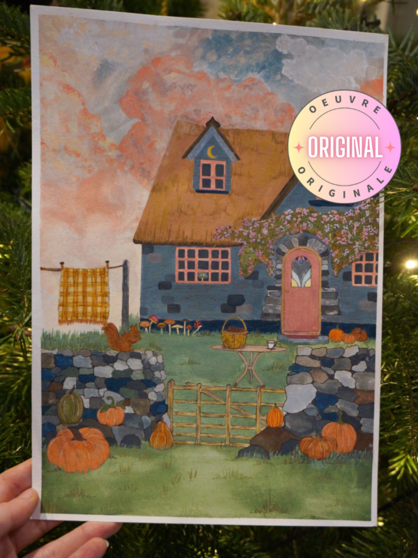 Autumn cottage witch illustration gouache traditionnel cottagecore aesthetic witchy witches english countryside country automne fall pumpkin citrouille pumpkins patch squirell plaid cosy cozy pink rose celtic irish scottish england house home mushroom hellomonamour hello mon amour paint painting