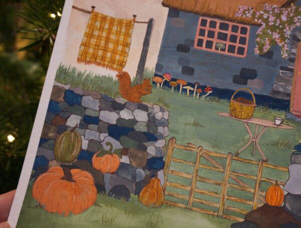 Autumn cottage witch illustration gouache traditionnel cottagecore aesthetic witchy witches english countryside country automne fall pumpkin citrouille pumpkins patch squirell plaid cosy cozy pink rose celtic irish scottish england house home mushroom hellomonamour hello mon amour paint painting