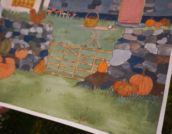 Autumn cottage witch illustration gouache traditionnel cottagecore aesthetic witchy witches english countryside country automne fall pumpkin citrouille pumpkins patch squirell plaid cosy cozy pink rose celtic irish scottish england house home mushroom hellomonamour hello mon amour paint painting