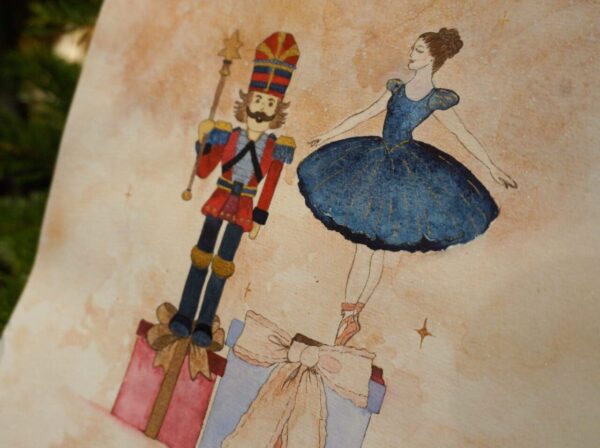 Nutcracker ballet Casse-Noisette Tchaikovsky Aquarelle Aquarela Aquarell Watercolor ballerina jouet gift toys toy world ballerine presents noeuds noel christmas étoiles paillettes glitter paint peinture painting handmade print hellomonamour hellomonamour.fr hello mon amour artist art aquarelle casse-noisette, illustration ballerine Noël, peinture de Noël artisanale, décoration festive unique, cadeau artistique pour Noël, ambiance magique aquarelle, illustration décorative vintage, casse-noisette et ballerine aquarelle