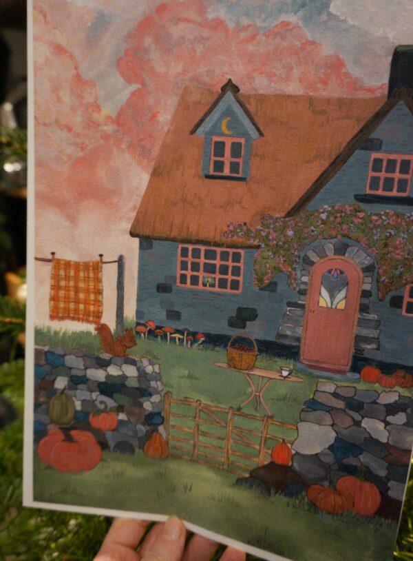 Autumn cottage witch illustration gouache traditionnel cottagecore aesthetic witchy witches english countryside country automne fall pumpkin citrouille pumpkins patch squirell plaid cosy cozy pink rose celtic irish scottish england house home mushroom hellomonamour hello mon amour paint painting