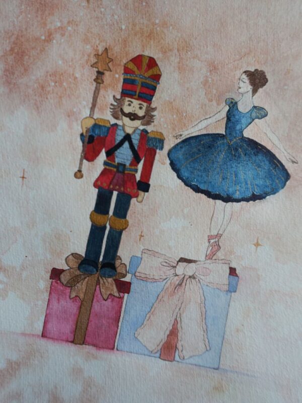 Nutcracker ballet Casse-Noisette Tchaikovsky Aquarelle Aquarela Aquarell Watercolor ballerina jouet gift toys toy world ballerine presents noeuds noel christmas étoiles paillettes glitter paint peinture painting handmade print hellomonamour hellomonamour.fr hello mon amour artist art aquarelle casse-noisette, illustration ballerine Noël, peinture de Noël artisanale, décoration festive unique, cadeau artistique pour Noël, ambiance magique aquarelle, illustration décorative vintage, casse-noisette et ballerine aquarelle