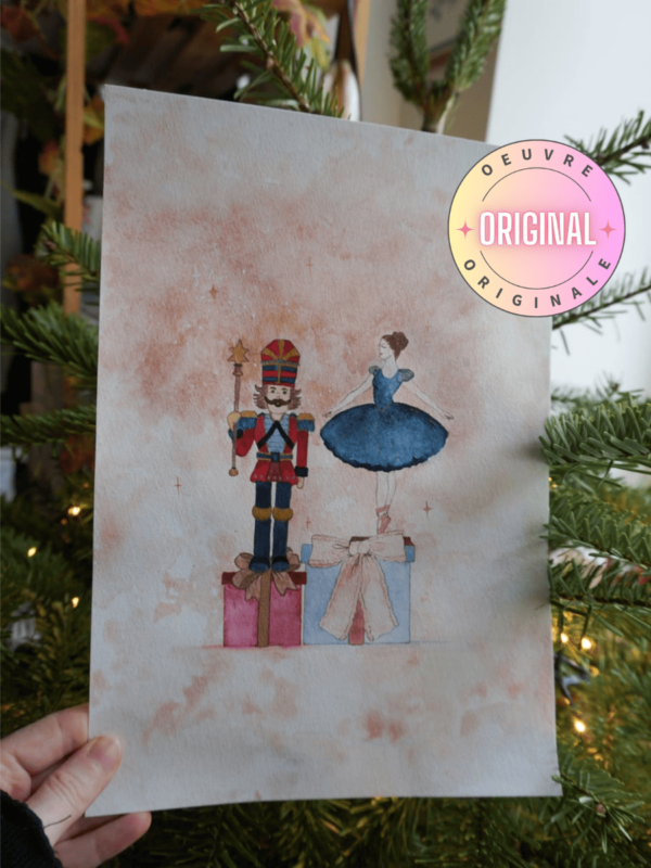 Nutcracker ballet Casse-Noisette Tchaikovsky Aquarelle Aquarela Aquarell Watercolor ballerina jouet gift toys toy world ballerine presents noeuds noel christmas étoiles paillettes glitter paint peinture painting handmade print hellomonamour hellomonamour.fr hello mon amour artist art aquarelle casse-noisette, illustration ballerine Noël, peinture de Noël artisanale, décoration festive unique, cadeau artistique pour Noël, ambiance magique aquarelle, illustration décorative vintage, casse-noisette et ballerine aquarelle