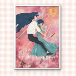 L’étreinte des cieux

(illustration inspirée du Château ambulant)

L’étreinte des cieux est une illustration poétique et céleste, librement inspirée de l’univers du Château ambulant et des mondes magiques imaginés par le studio Ghibli.

Dans un ciel rosé aux allures de rêve, deux âmes s’élèvent et s’enlacent, portées par la lumière, les étoiles et la magie. Une scène suspendue hors du temps, où l’amour semble plus fort que la gravité. Les ailes sombres, les figures lumineuses en ronde et le soleil bienveillant en arrière-plan évoquent la transformation, la liberté et les liens invisibles qui unissent les êtres.

Cette illustration rend hommage à l’esthétique onirique, romantique et symbolique des films d’animation japonais, tout en proposant une interprétation personnelle et sensible. Elle s’adresse aux amoureux de fantasy poétique, d’univers Ghibli, de romance magique, d’illustrations inspirées du Château ambulant, et de scènes célestes empreintes d’émotion.

✨ Une idée cadeau inspirée et pleine de magie
Parfaite comme cadeau pour fan du Château ambulant, cadeau Ghibli, cadeau romantique, cadeau de couple, cadeau de Saint-Valentin, cadeau d’anniversaire ou affiche décorative poétique, cette illustration apportera une touche de rêve et de douceur à n’importe quel intérieur.
Illustration Château ambulant, illustration inspirée Ghibli, art Ghibli, illustration romantique fantasy, illustration céleste, amour magique, couple volant, illustration poétique, univers onirique, art fantasy, affiche illustrée, décoration murale, idée cadeau Ghibli, cadeau fan animation japonaise, illustration inspirée Miyazaki.