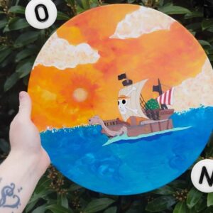Vinyle One Piece bateau manga anime merry luffy pirates custom painted ciel rose romantique nuages étoiles lunes paillettes glitter clouds sky view pink neon Vinyle peint à la main Acrylic Acrylique painting Vynil Hello mon Amour hellomonamour gift