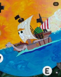 Vinyle One Piece bateau manga anime merry luffy pirates custom painted ciel rose romantique nuages étoiles lunes paillettes glitter clouds sky view pink neon Vinyle peint à la main Acrylic Acrylique painting Vynil Hello mon Amour hellomonamour gift